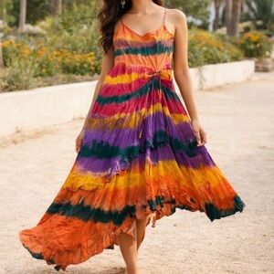 SOL Multi-colored Tie-dyed Ruffle Asymmetrical Dress Boho Hippie Womens XL NWT